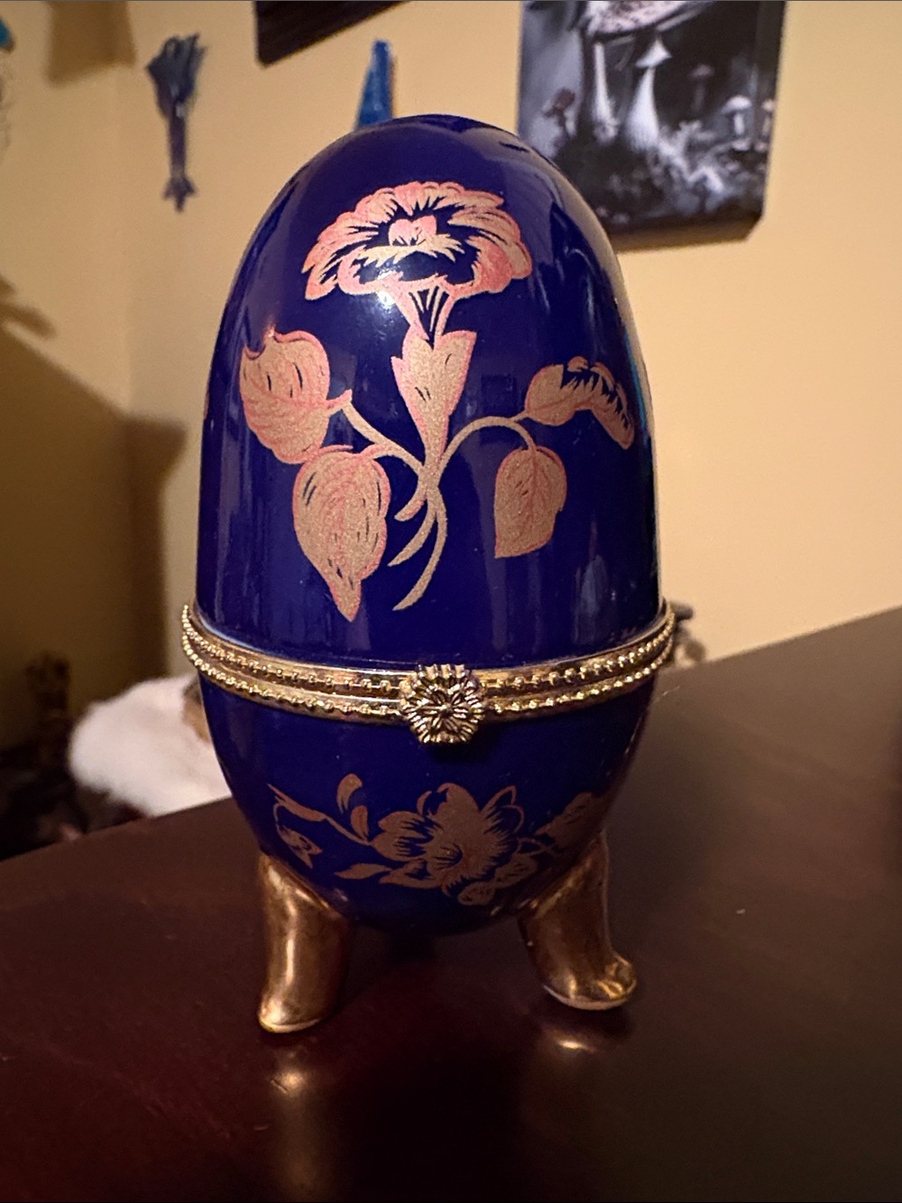 Decorative Blue and Gold Floral Egg Trinket Box - Home Accents